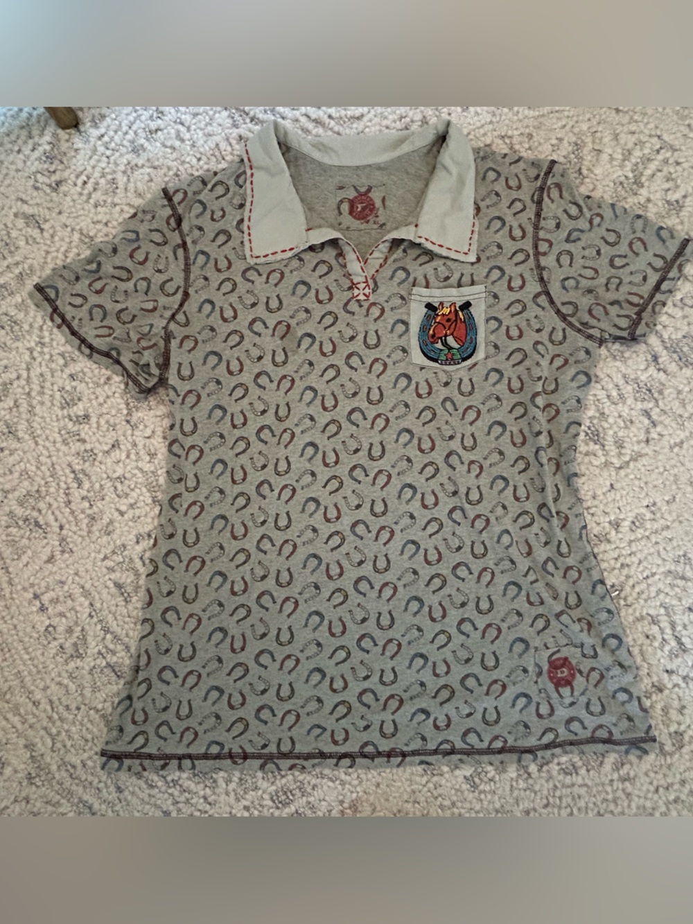 Double D Ranch XL Horseshoe Print Beaded Horse Western Polo Shirt